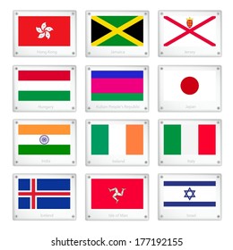 National Flags Of Hong Kong, Jamaica, Jersey, Hungary, Kuban Peoples Republic, Japan, India, Ireland, Italy, Iceland, Isle Of Man And Israel On Metal Texture Plates With Screws. 