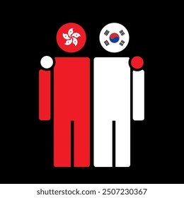 The national flags of Hong Kong and South Korea with embracing body. Isolated vector illustration, black background.