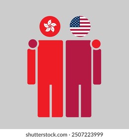 The national flags of Hong Kong and USA with embracing body. Isolated vector illustration, gray background.