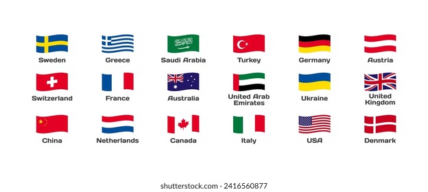 National flags icon set. Collection of national flags of popular countries. Flat style. Vector icons