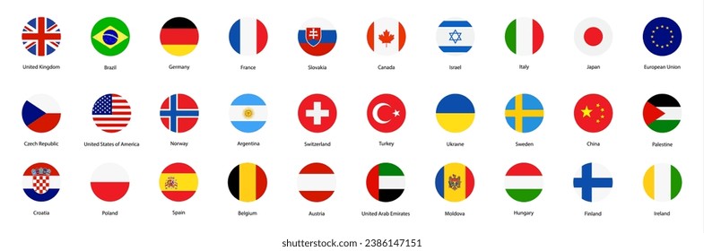 National flags icons vector, main flag languages set. UK, Germany, USA, Russia, China,France… Isolated circle buttons on white background. Website language choice symbols. Vector 10 eps.