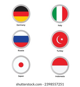 National flags icons vector, main flag languages set, Italy, Germany, turkey, Russia, indonesia, jordan flag