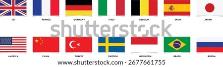 National flags icons vector, main flag languages set. UK, Germany, USA, Russia, China, France, japan, italy, turkey, brazil, sweden, indonesia... Isolated rectangle buttons on transparent background.