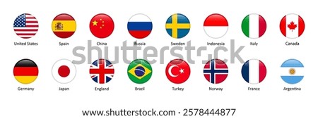 National flags icons vector set. USA, Russia, China, France, Canada, Germany. Isolated circle buttons on white background
