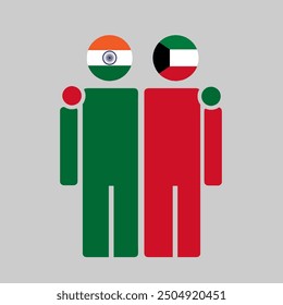 The national flags of India and Kuwait with embracing body. Isolated vector illustration, gray background.
