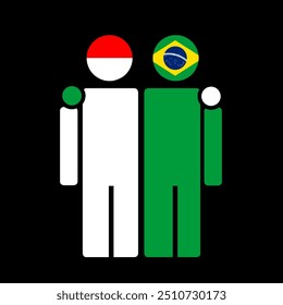 The national flags of Indonesia and Brazil with embracing body. Isolated vector illustration.