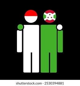 The national flags of Indonesia and Burundi with embracing body. Isolated vector illustration.