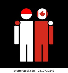 The national flags of Indonesia and Canada with embracing body. Isolated vector illustration.