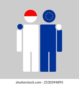 Die Nationalflaggen von Indonesien und der EU mit umarmenden Körper. Isolierte Vektorgrafik.