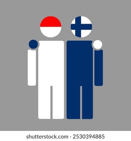 Las banderas nacionales de Indonesia y Finlandia con cuerpo abrazador. Ilustración vectorial aislada.