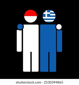The national flags of Indonesia and Greece with embracing body. Isolated vector illustration.