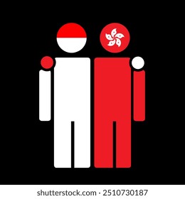 The national flags of Indonesia and Hong Kong with embracing body. Isolated vector illustration.