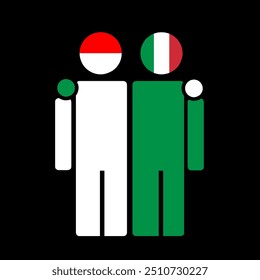 The national flags of Indonesia and Italy with embracing body. Isolated vector illustration.