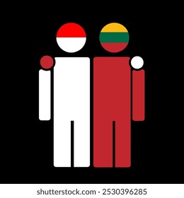 The national flags of Indonesia and Lithuania with embracing body. Isolated vector illustration.