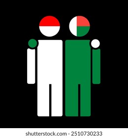 The national flags of Indonesia and Madagascar with embracing body. Isolated vector illustration.