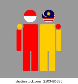 The national flags of Indonesia and Malaysia with embracing body. Isolated vector illustration, gray background.