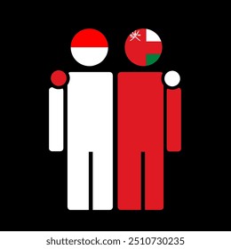 The national flags of Indonesia and Oman with embracing body. Isolated vector illustration.