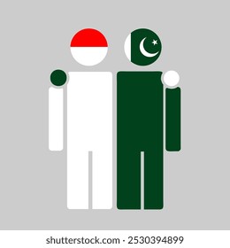 The national flags of Indonesia and Pakistan with embracing body. Isolated vector illustration.