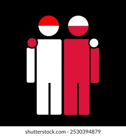 The national flags of Indonesia and Poland with embracing body. Isolated vector illustration.