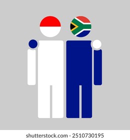 The national flags of Indonesia and South Africa with embracing body. Isolated vector illustration.