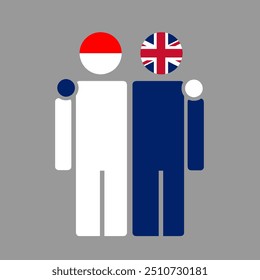 The national flags of Indonesia and UK with embracing body. Isolated vector illustration.