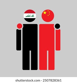 The national flags of Iraq and China with embracing body. Isolated vector illustration.