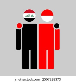The national flags of Iraq and Indonesia with embracing body. Isolated vector illustration.