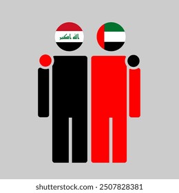 The national flags of Iraq and UAE with embracing body. Isolated vector illustration.