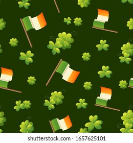 National flags of Ireland and green clover leaves. Vector seamless pattern for Saint Patrick's Day holiday design.