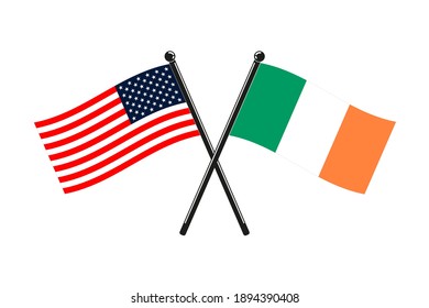 national flags of  Ireland and Usa crossed on the sticks in the original colours