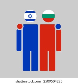 The national flags of Israel and Bulgaria with embracing body. Isolated vector illustration.