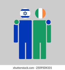 The national flags of Israel and Ireland with embracing body. Isolated vector illustration.