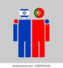 The national flags of Israel and Portugal with embracing body. Isolated vector illustration.