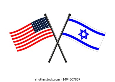 national flags of Israel and Usa crossed on the sticks in the original colours