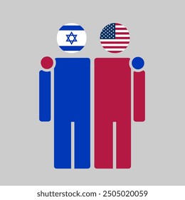 The national flags of Israel and USA with embracing body. Isolated vector illustration, gray background.