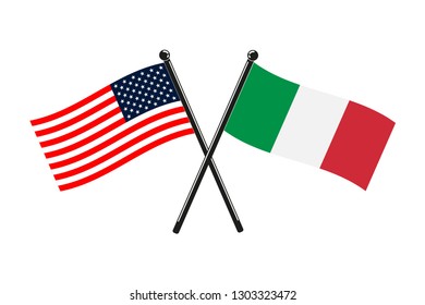 National flags of Italy and Usa crossed on the sticks in the original colours