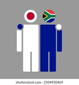 The national flags of Japan and South Africa with embracing body. Isolated vector illustration, gray background.