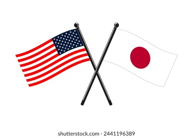 Banderas nacionales de Japón y Estados Unidos cruzadas en los palos en los colores originales