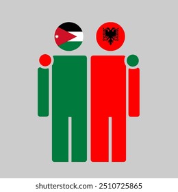 The national flags of Jordan and Albania with embracing body. Isolated vector illustration.