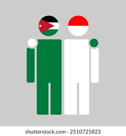 The national flags of Jordan and Indonesia with embracing body. Isolated vector illustration.