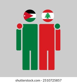 The national flags of Jordan and Lebanon with embracing body. Isolated vector illustration.