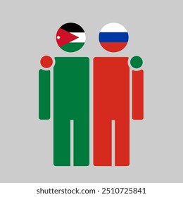 The national flags of Jordan and Russia with embracing body. Isolated vector illustration.
