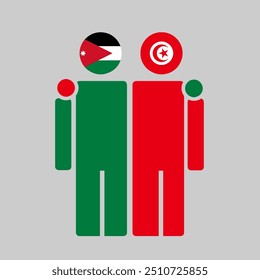 The national flags of Jordan and Tunisia with embracing body. Isolated vector illustration.