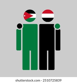 The national flags of Jordan and Yemen with embracing body. Isolated vector illustration.