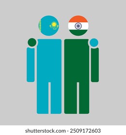The national flags of Kazakhstan and India with embracing body. Isolated vector illustration.