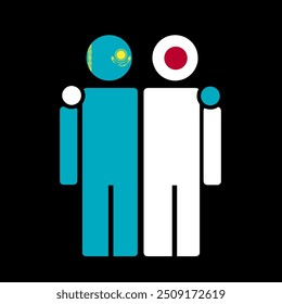 The national flags of Kazakhstan and Japan with embracing body. Isolated vector illustration.