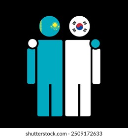 The national flags of Kazakhstan and South Korea with embracing body. Isolated vector illustration.