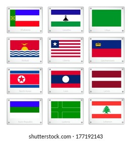 National Flags of Khakassia, Lesotho, Libya, Kiribati, Liberia, Liechtenstein, North Korea, Laos, Latvia, Komi Republic, Ladonia and Lebanon on Metal Texture Plates with Screws. 