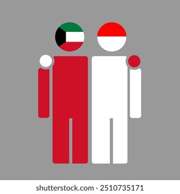The national flags of Kuwait and Indonesia with embracing body. Isolated vector illustration.