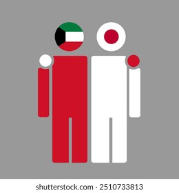 The national flags of Kuwait and Japan with embracing body. Isolated vector illustration.